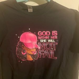 A black, medium “God is within her, she will not fail” women’s t shirt.